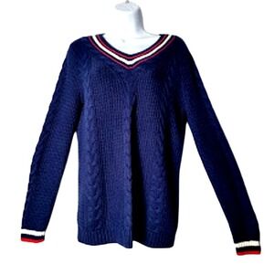 Lands' End Navy Cable Knit Sweater M Preppy V-Neck Striped Trim Drifter‎ 10-12
